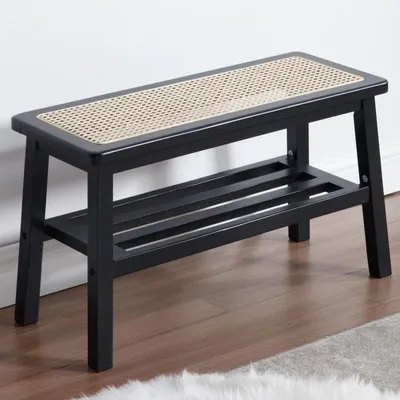 Image de Banc de rangement pour chaussures avec assise, en bois, noir, dimensions : 75 x 30 x 44 cm