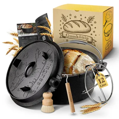 Produktbild von Gusskönig Gusseisen Brotbackform mit Deckel 37 cm - Brotbacktopf inkl. & Rezeptbuch I Brottopf zum backen I Brot Backen Zubehör