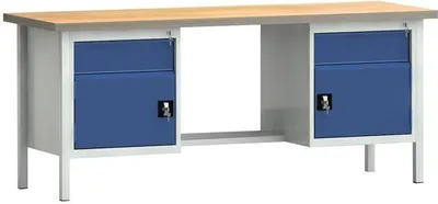 Produktbild von Werkbank PW 700 B2000xT700xH840mm Buche Multiplex grau enzianblau 2Schubl.2Türen