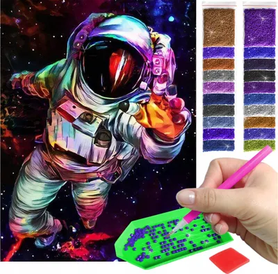 Zdjęcie produktu dla Haft diamentowy ARTULIO - Astronauta w kosmosie - 40 x 30 cm - Kwadratowe diamenty - Diamond painting, Kompletny zestaw: mozaika + akcesoria