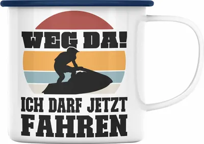 Produktbild von Trendation - Jetski Emaille Tasse Geschenk mit Spruch Jetski Sprüche Jetskifahrer (Blau)