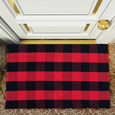 Image de Tapis karo, rouge et noir, 109 x 70 cm, en coton