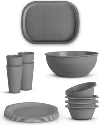 Obrázok produktu pre Súprava riadu ( sivá ) Plast PP odolný proti rozbitiu - bez BPA - 14 ks ( miska, tanier, hrnček, podnos ) Možno umývať v umývačke riadu - Párty súprava Detský kemping Piknik