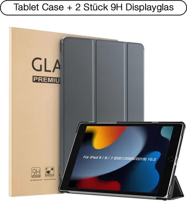 Produktbild von Schutzhülle + 2x 9H Display Glas für iPad 7/8/9 Generation 10.2 Zoll Cover Case Schutz Tablet Farbe: Grau