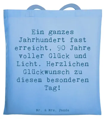 Produktbild von Mr. & Mrs. Panda Shopping Tasche Spruch 90. Geburtstag - Sky Blue - Geschenk, Alter, Schultasche, Happy Birthday, Geburtstagsgeschenk, Besonderer Anlass, Stoffbeutel