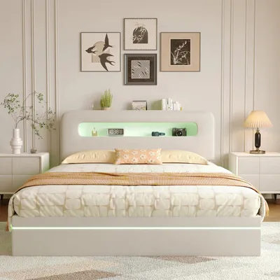 Productafbeelding van Boxspringbed - Dubbelbedframe 140 x 200 cm - Hydraulische opbergruimte - Lattenbodem - Fluweelbekleding - Beige