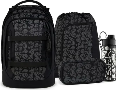 A set of school supplies including a backpack, a drawstring bag, a pencil case, and a water bottle, all with a black and gray patterned design.