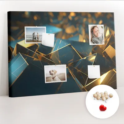 Produktbild von Korkwand mit Stecknadeln – Schwarzes Brett mit Stecknadeln für Fotos und Notizen – 100x70 cm – 100 Holz-Stecknadeln – Dekoratives abstraktes Design
