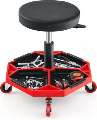 Produktbild von Werkstatthocker, Werkstatt Rollsitz 150 kg belastbar, 41-55cm höhenverstellbar, Werkstattsitz mit Ablage & 4 Rollen, Arbeitshocker für Werkzeug, Pmatischer Rollhocker (Rot)