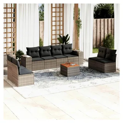 Produktbild von 9-teiliges Garten-Sofagarnitur mit Kissen in Grau aus Poly Rattan, Lounge Gartenmöbel Set, Balkonmöbel, Gartenlounge, Gartensofa