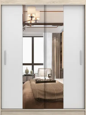 Produktbild von Wohnzimmerschrank, Kleiderschrank mit Spiegel Schwebetürenschrank 2-türig Schrank mit vielen Einlegeböden und Kleiderstange Gaderobe Schiebtüren Schlafzimmer - Kleiderschrank LARA 01 Sonoma + Weiß