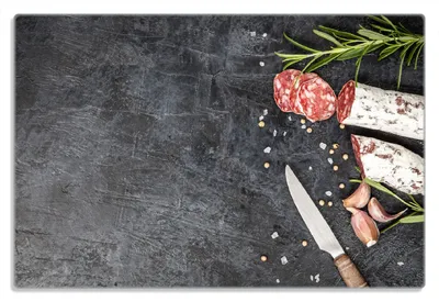Produktbild von Wallario Frühstücksbrettchen aus Glas 20 x 30 cm mit rutschfesten Füßen, Motiv Salami, Rosmarin und Knoblauch