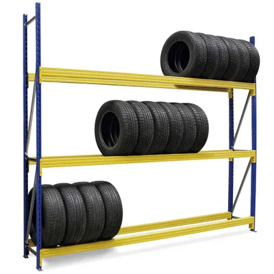 Produktbild von Profi Reifenregal, HxBxT 2500 x 3080 x 400 mm, Fachbreite 3000 mm, Tragkraft pro Ebene 775 kg, 3 Ebenen