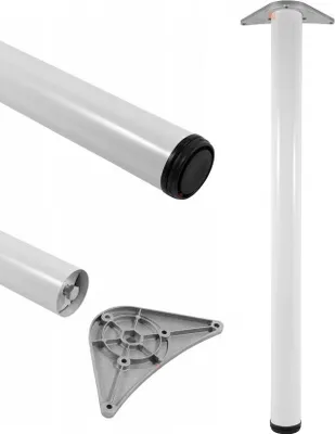 A collage of images showing different parts of a white table leg, including a close-up of the bottom with a black foot, a separate mounting plate, and a full view of the leg.