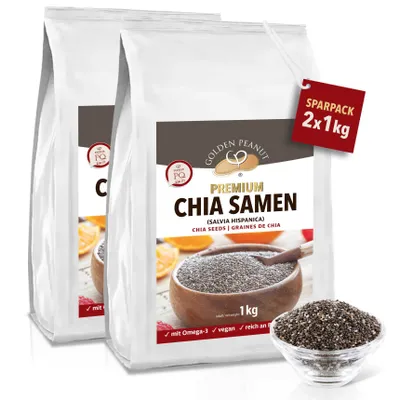 Two bags of chia seeds with a small bowl of chia seeds in the foreground.