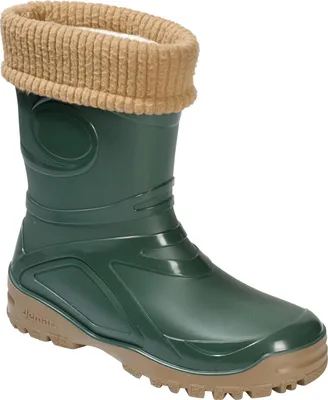 A single green rain boot with a tan knitted cuff is shown against a white background.