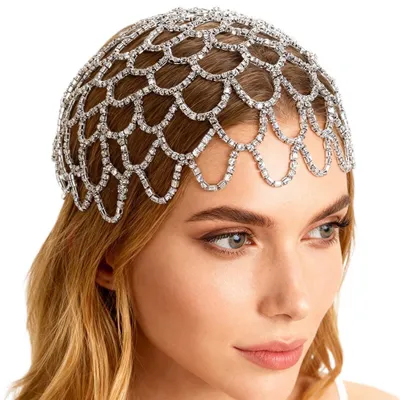 20er-Kopfschmuck Kristall Strass Silber Haarkette mit 2 Haarspangen