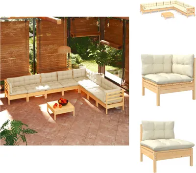 Produktbild von vidaXL 9-tlg. Garten-Lounge-Set mit Creme Kissen Massivholz Kiefer -  Gartenmöbel-Sets