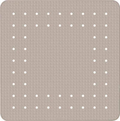 A taupe-colored shower mat with a textured surface and a grid of small holes.