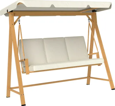 Produktbild von Outsunny Hollywoodschaukel mit verstellbarem Sonnendach Sitzauflage, Holzoptik 3-Sitzer Gartenschaukel belastbar bis 330kg, Beige