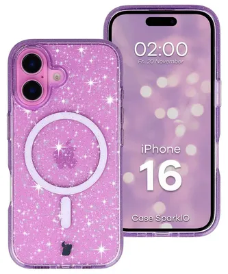 Produktbild von Glitzer Hülle mit Magnetring für iPhone 16, Bizon Case SparklO, Transparent-Violet mit Glitzer