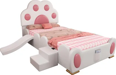Produktbild von Kinderbett mit Rutsche, Treppe, gepolstertem Kopfteil und Rausfallschutz, 90x200cm, Einzelbett Polsterbett, Kunstleder