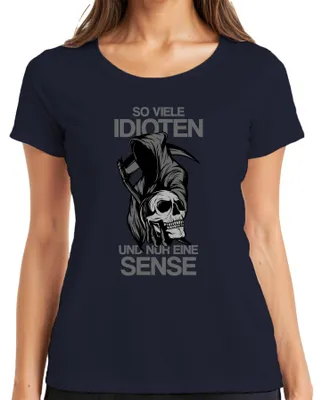 Productafbeelding van Zoveel idioten, en slechts één "Sense Reaper" statement gothic dames T-shirt, marineblauw, maat XL