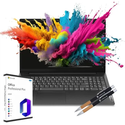 A laptop with a colorful explosion of powder on its screen, accompanied by a box of Microsoft Office and two pens.