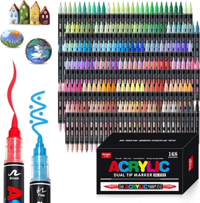 Imagen del producto de Rotuladores de acrílico, 168 colores, punta doble, resistentes al agua, para usar en piedra, madera, vidrio, cerámica, metal y lienzo