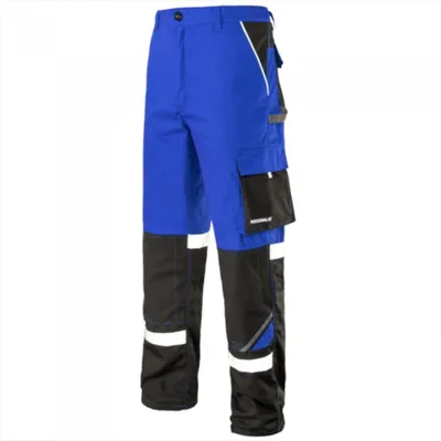 A pair of blue work pants with black and white accents.