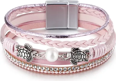 Produktbild von Ethno-Armband für Damen mit Perlen und Schildkrötenmotiven, weiß, 19 cm
