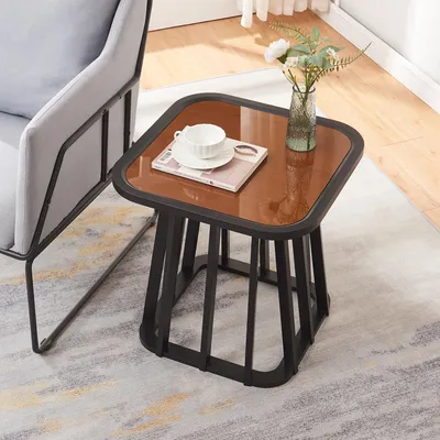 Image de Table d'appoint 'Burgess' table de nuit 51 x 51 x 51 cm avec structure en bambou plateau de table carré noir/imitation noyer