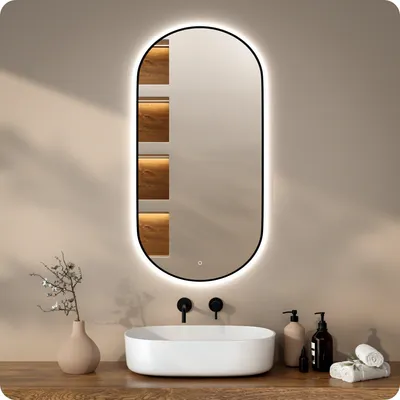 Produktbild von Mirlux Badezimmerspiegel mit LED-Beleuchtung & Heizung - Wandspiegel Oval - Anti-Kondensations-Duschspiegel - Schwarz - 120x60CM