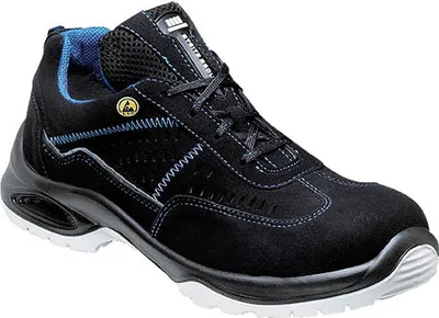 A black safety shoe with blue accents is shown against a white background.
