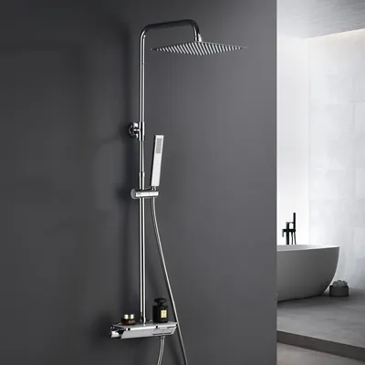 Produktbild von JOHO Regendusche Duschset mit Duscharmatur Komplettset, Thermostat Duschsystem mit Thermostatische, Überkopfbrause 25*25cm Chrom