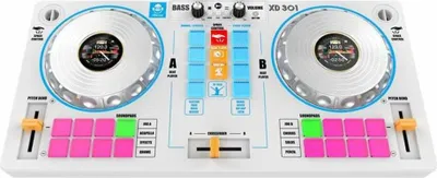 A white DJ controller with two turntables, buttons, and sliders.