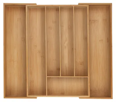 Image de Range-couverts Relaxdays, 5 à 7 compartiments, insert de tiroir coulissant pour couverts, H x l x P : 6 x 34-56 x 50 cm, bambou naturel
