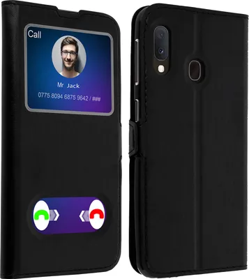 Zdjęcie produktu dla Avizar, Samsung Galaxy A20e Flip Cover z podwójnym okienkiem i funkcją podstawki, czarny