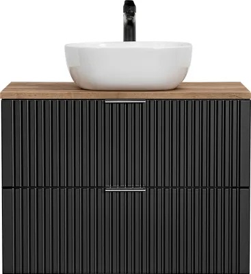 Produktbild von Waschtisch-Unterschrank 80cm mit Keramik Waschbecken ADELAIDE-56-BLACK in matt schwarz mit Eiche Nb., Rillenoptik, B/H/T 80,6/73,7/46,5 cm