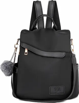 Produktbild von Damen Rucksack Geldbörsen mit Pom Pom Anti-Diebstahl-Reisetasche Convertible Satchel Handtaschen und Umhängetasche, Schwarz