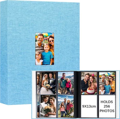 Obrázok produktu pre Zasúvací fotoalbum 9x13 cm, 256 fotografií, ľanový obal s okienkom, modrá, pre fotky