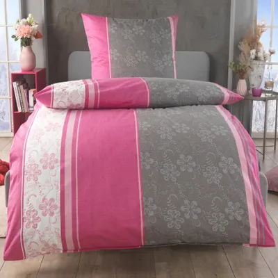 Produktbild von Malika Baumwoll-Bettwäsche 2-teilig, 155 × 220 + 80 × 80 cm, Grau-Rosa Blumenmuster