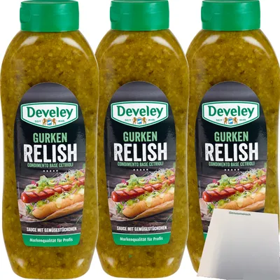 Produktbild von Develey Gurken Relish vegan 3er Pack (3x875ml Flasche) + usy Block