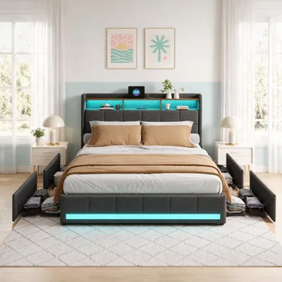 Image de INONEFT, lit capitonné 140x200 cm, tissu lin, couleur gris. Lit double avec 4 tiroirs et éclairage LED. Tête de lit avec espace de rangement et port USB Type-C. Lit fonctionnel pour adolescents, avec sommier à lattes