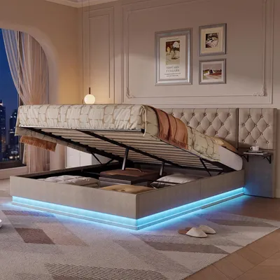 Image de Lit ProximaX 160x200 cm, couleur beige, imitation lin, avec coffre de rangement, éclairage LED RGB et fonction de charge