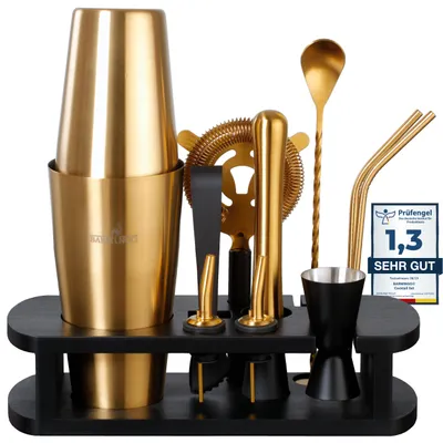 Produktbild von BARMINGO® Edelstahl Boston Cocktail Set 11tlg. – 825ml Cocktail Shaker mit Ständer & Bar Zubehör, Cocktailshaker Set, Barkeeper Set, Schwarz-Gold