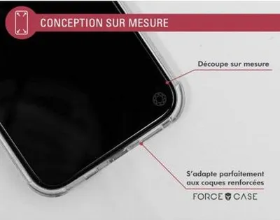 Close-up of a smartphone case with marketing text.