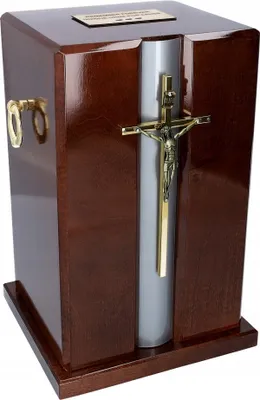 Produktbild von Holzurne Für Asche Mit Kreuz + Nische, Bestattungsset. Die Urne Wird Beigesetzt