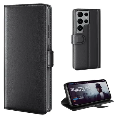 Produktbild von Echtleder Handyhülle für Samsung Galaxy S22 Ultra Lederhülle Cover Case Tasche Klapphülle Fliphülle Leder Hülle Farbe: Schwarz