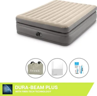 Produktbild von Intex Luftbett - 2 Personen - 152 x 203 x 51 cm - Grau - Mit eingebauter Pumpe + Spannbettlaken Weiß + Reperaturset